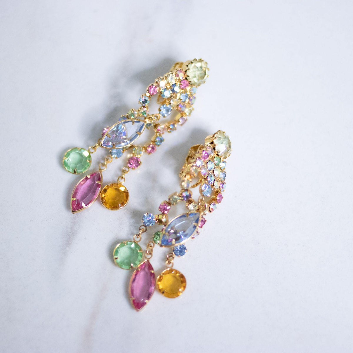 Vintage Bright Color Pastel Bezel Set Crystal Dangling Statement Earrings
