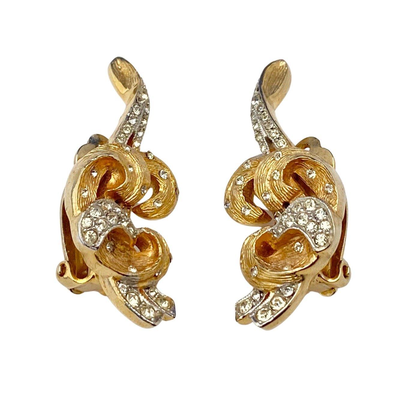 Vintage Gold Wave with Pave Set Crystal Earrings by Patent Signed - Vintage Meet Modern Vintage Jewelry - Chicago, Illinois - #oldhollywoodglamour #vintagemeetmodern #designervintage #jewelrybox #antiquejewelry #vintagejewelry