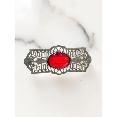 Red Crystal Open Back Brooch by Unsigned - Vintage Meet Modern Vintage Jewelry - Chicago, Illinois - #oldhollywoodglamour #vintagemeetmodern #designervintage #jewelrybox #antiquejewelry #vintagejewelry