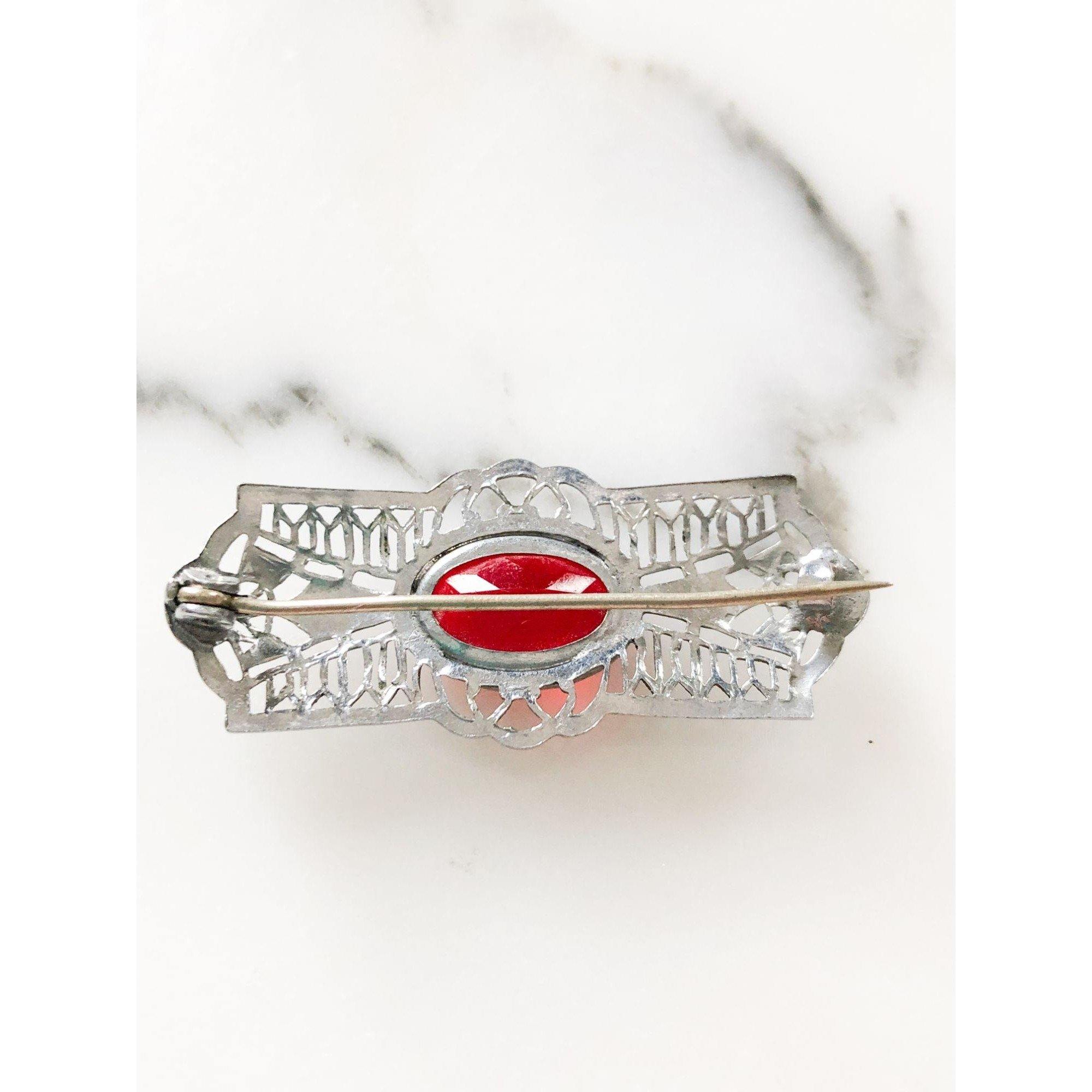 Red Crystal Open Back Brooch by Unsigned - Vintage Meet Modern Vintage Jewelry - Chicago, Illinois - #oldhollywoodglamour #vintagemeetmodern #designervintage #jewelrybox #antiquejewelry #vintagejewelry