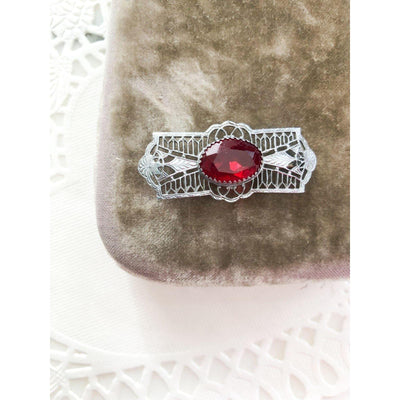 Red Crystal Open Back Brooch by Unsigned - Vintage Meet Modern Vintage Jewelry - Chicago, Illinois - #oldhollywoodglamour #vintagemeetmodern #designervintage #jewelrybox #antiquejewelry #vintagejewelry