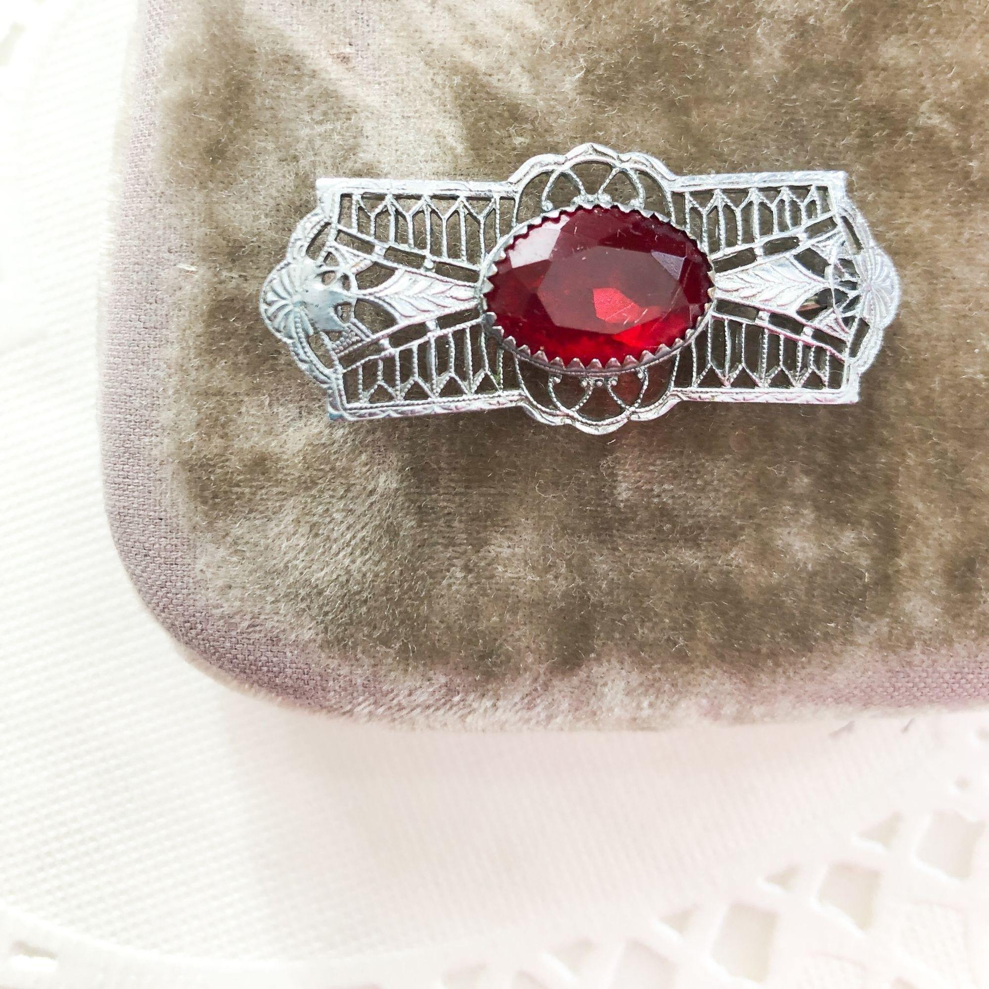 Red Crystal Open Back Brooch by Unsigned - Vintage Meet Modern Vintage Jewelry - Chicago, Illinois - #oldhollywoodglamour #vintagemeetmodern #designervintage #jewelrybox #antiquejewelry #vintagejewelry