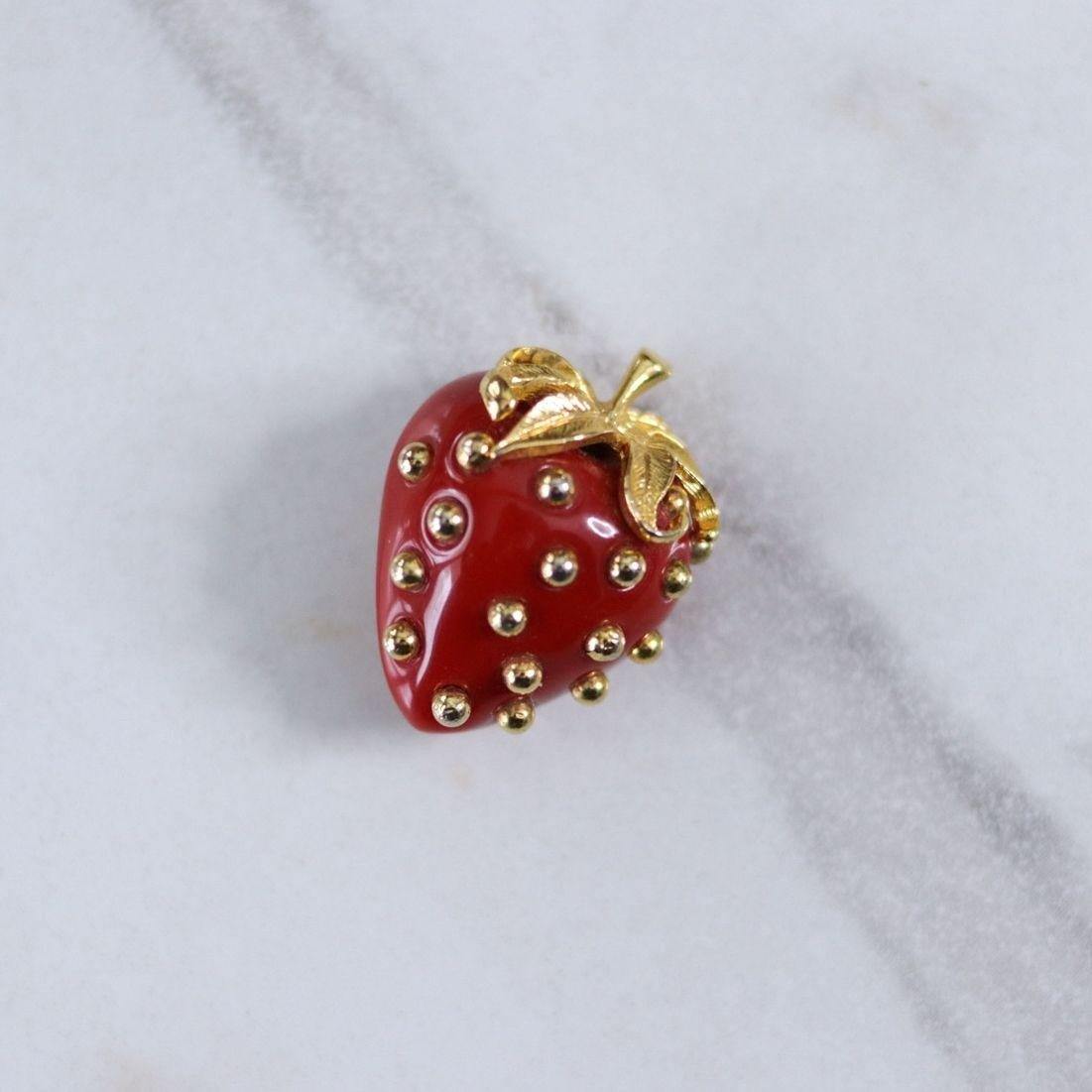 Vintage Kenneth Jay Lane Red Strawberry Brooch by Kenneth Jay Lane - Vintage Meet Modern Vintage Jewelry - Chicago, Illinois - #oldhollywoodglamour #vintagemeetmodern #designervintage #jewelrybox #antiquejewelry #vintagejewelry