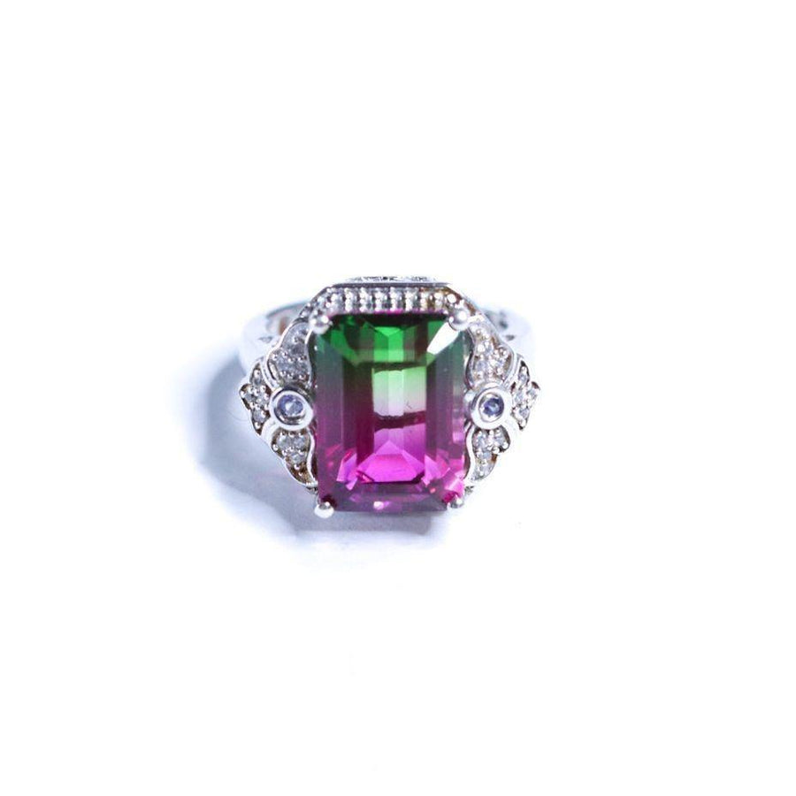 Vintage Watermelon Tourmaline and Pave Diamond Ring by Unsigned - Vintage Meet Modern Vintage Jewelry - Chicago, Illinois - #oldhollywoodglamour #vintagemeetmodern #designervintage #jewelrybox #antiquejewelry #vintagejewelry