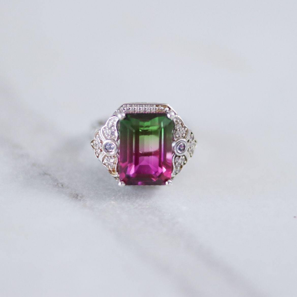 Vintage Watermelon Tourmaline and Pave Diamond Ring by Unsigned - Vintage Meet Modern Vintage Jewelry - Chicago, Illinois - #oldhollywoodglamour #vintagemeetmodern #designervintage #jewelrybox #antiquejewelry #vintagejewelry