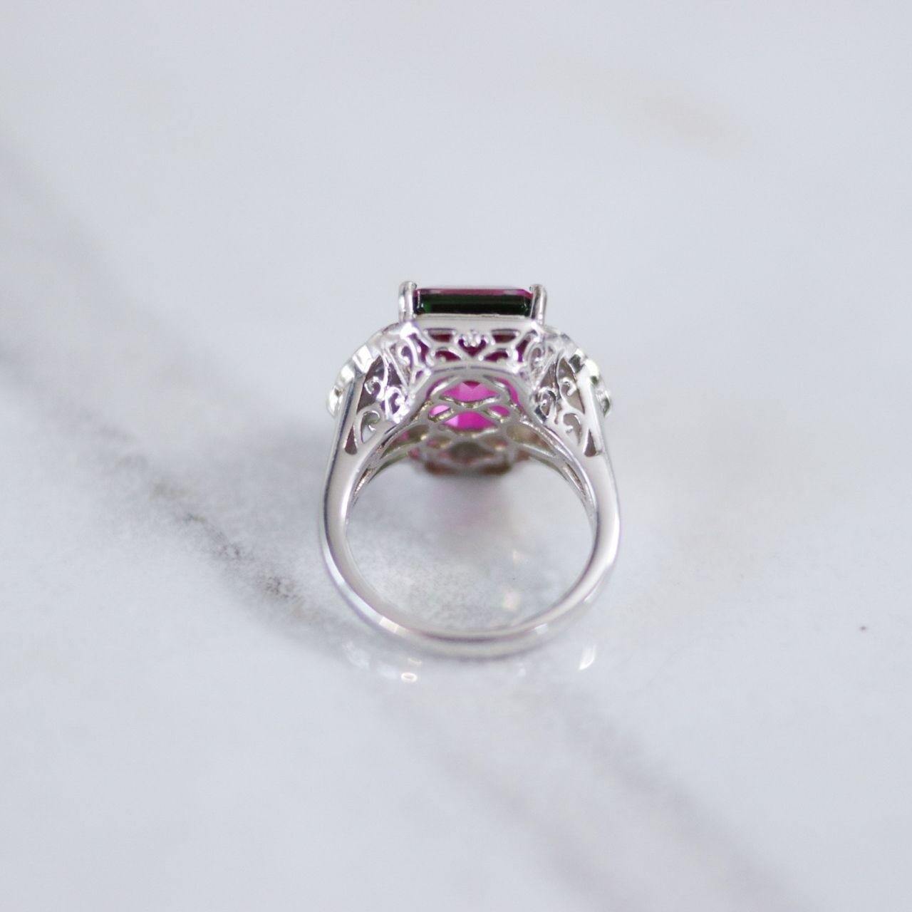 Vintage Watermelon Tourmaline and Pave Diamond Ring by Unsigned - Vintage Meet Modern Vintage Jewelry - Chicago, Illinois - #oldhollywoodglamour #vintagemeetmodern #designervintage #jewelrybox #antiquejewelry #vintagejewelry