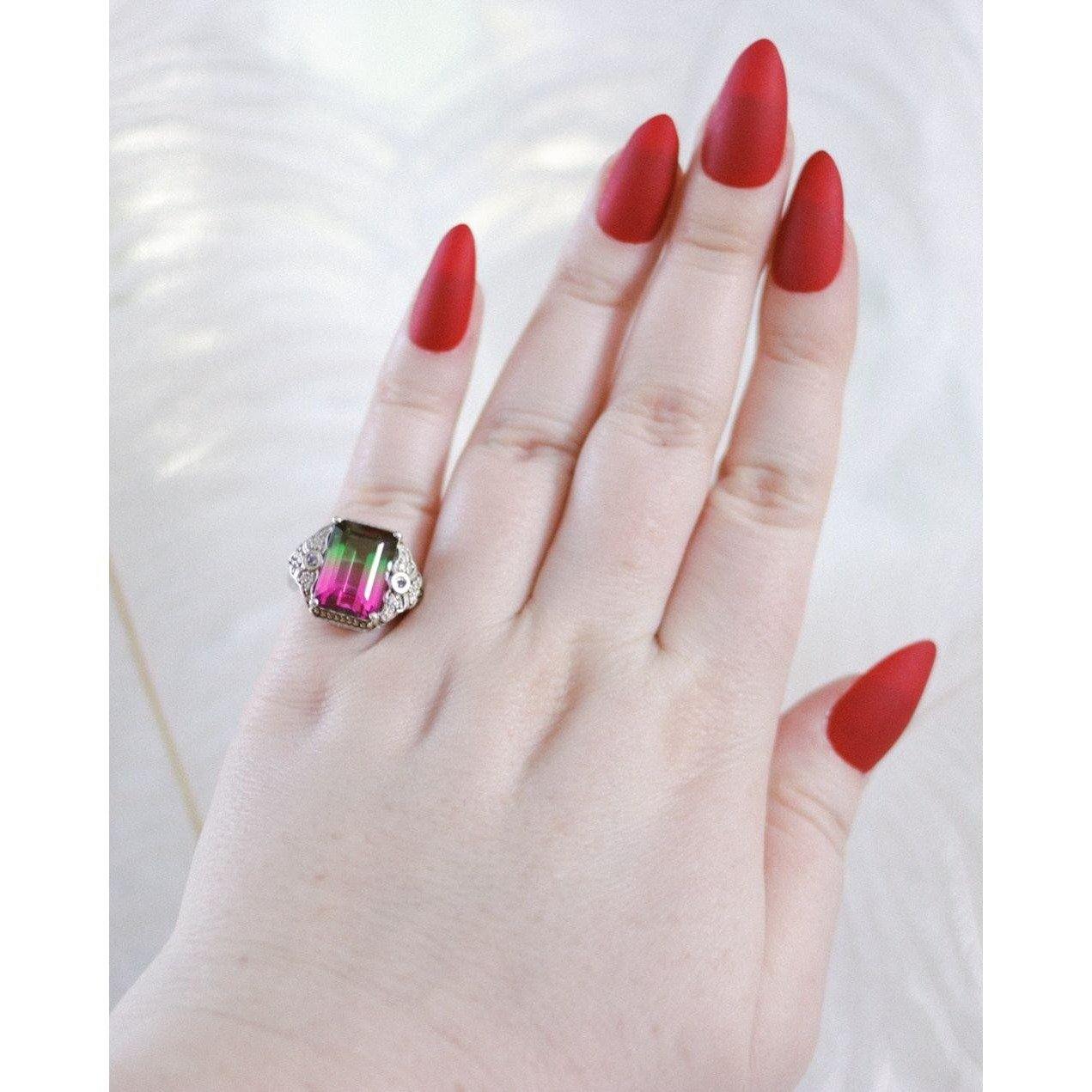 Vintage Watermelon Tourmaline and Pave Diamond Ring by Unsigned - Vintage Meet Modern Vintage Jewelry - Chicago, Illinois - #oldhollywoodglamour #vintagemeetmodern #designervintage #jewelrybox #antiquejewelry #vintagejewelry