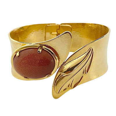 Mid Century Modern Gold Leaf Clamper Bracelet with Goldstone by Unsigned Beauty - Vintage Meet Modern Vintage Jewelry - Chicago, Illinois - #oldhollywoodglamour #vintagemeetmodern #designervintage #jewelrybox #antiquejewelry #vintagejewelry