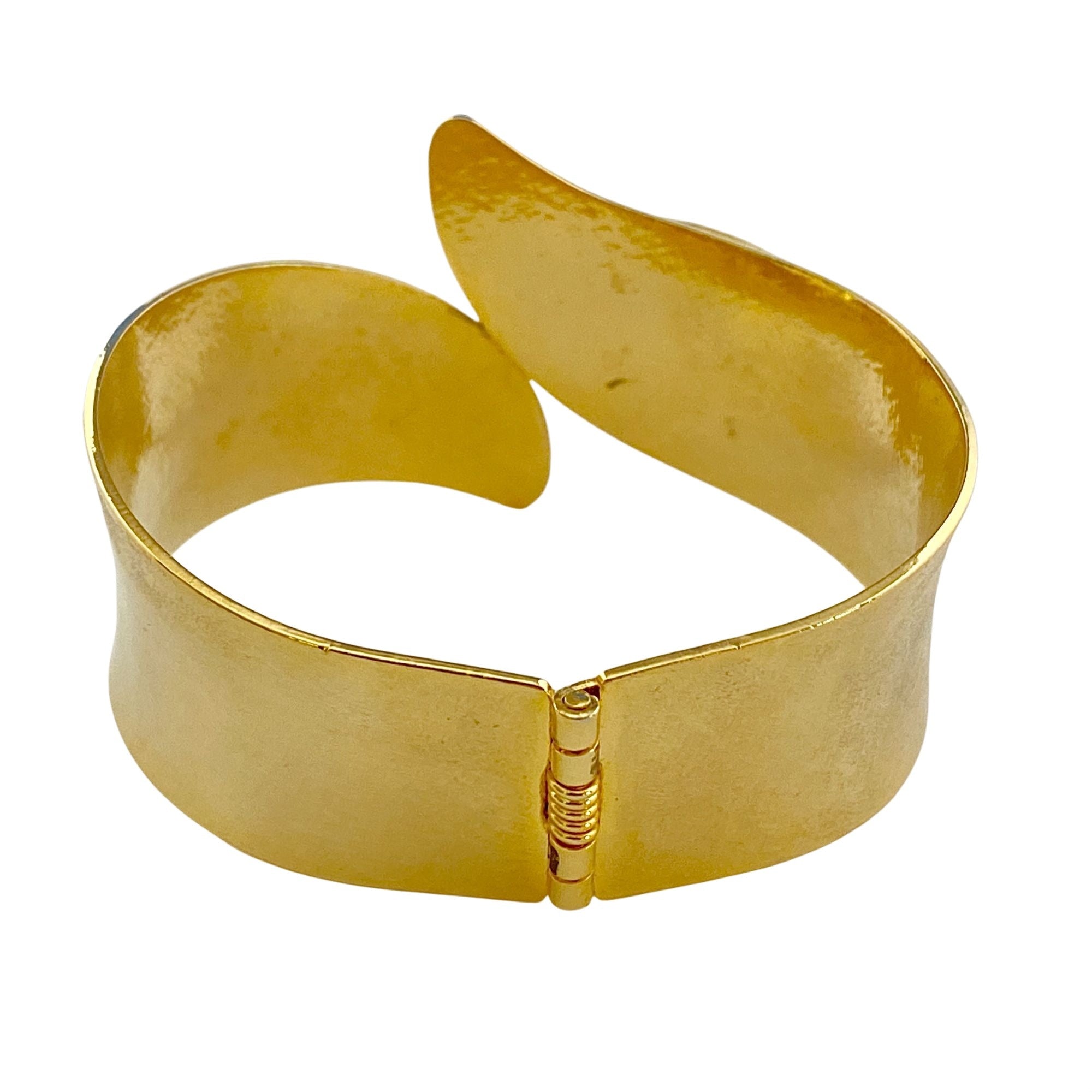 Mid Century Modern Gold Leaf Clamper Bracelet with Goldstone by Unsigned Beauty - Vintage Meet Modern Vintage Jewelry - Chicago, Illinois - #oldhollywoodglamour #vintagemeetmodern #designervintage #jewelrybox #antiquejewelry #vintagejewelry