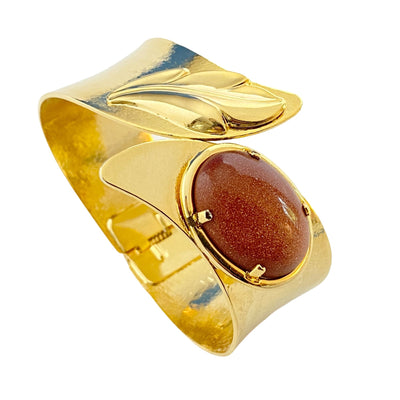 Mid Century Modern Gold Leaf Clamper Bracelet with Goldstone by Unsigned Beauty - Vintage Meet Modern Vintage Jewelry - Chicago, Illinois - #oldhollywoodglamour #vintagemeetmodern #designervintage #jewelrybox #antiquejewelry #vintagejewelry