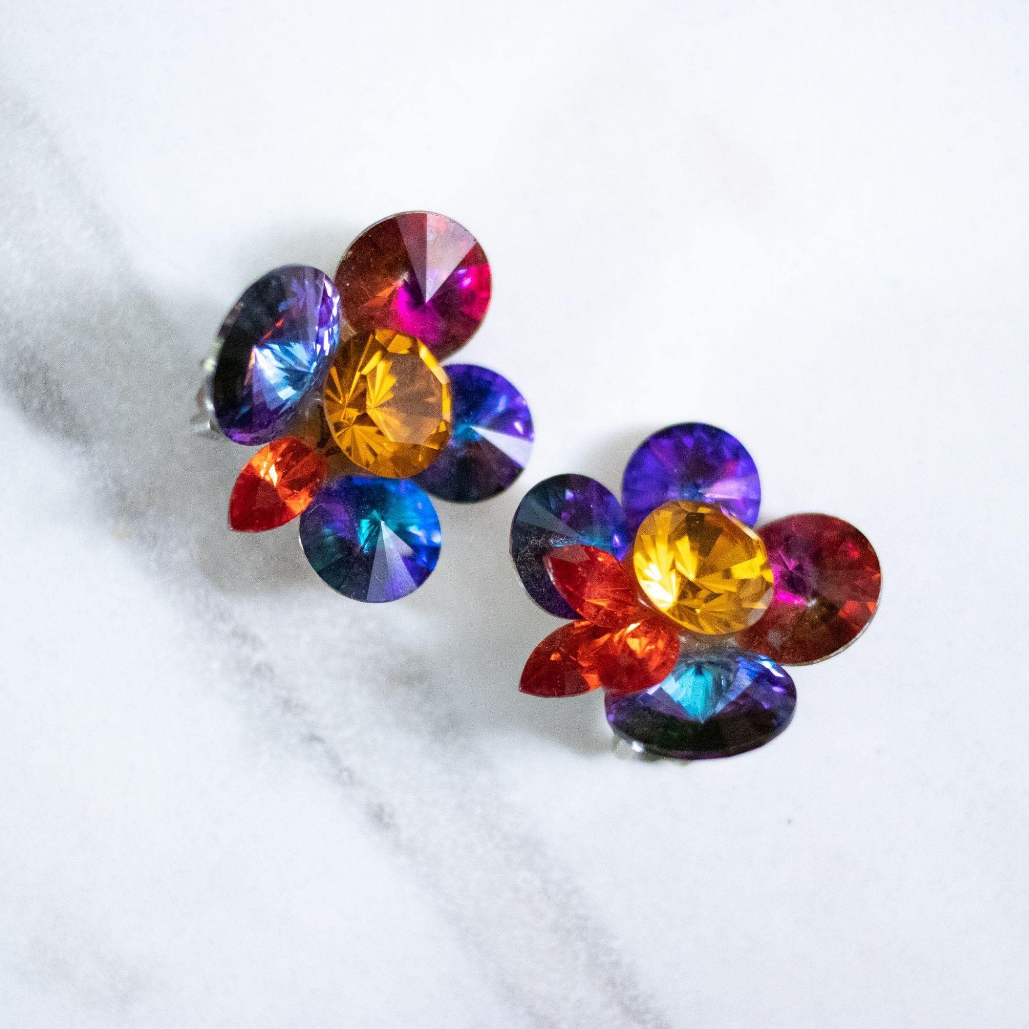 Vintage Rainbow Rivoli Rhinestone Statement Earrings by Unsigned Wendy Gell - Vintage Meet Modern Vintage Jewelry - Chicago, Illinois - #oldhollywoodglamour #vintagemeetmodern #designervintage #jewelrybox #antiquejewelry #vintagejewelry