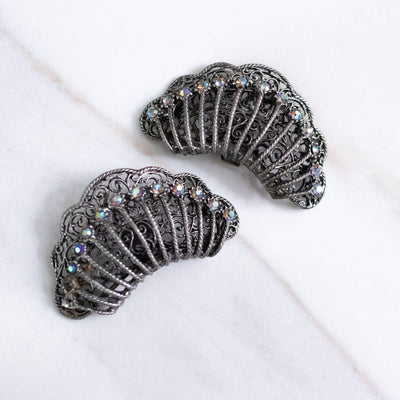 Vintage Fan Shape with Aurora Borealis Silver Shoe Clips by Unsigned Beauty - Vintage Meet Modern Vintage Jewelry - Chicago, Illinois - #oldhollywoodglamour #vintagemeetmodern #designervintage #jewelrybox #antiquejewelry #vintagejewelry