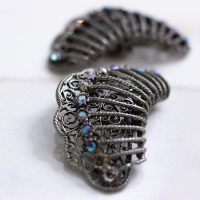 Vintage Fan Shape with Aurora Borealis Silver Shoe Clips by Unsigned Beauty - Vintage Meet Modern Vintage Jewelry - Chicago, Illinois - #oldhollywoodglamour #vintagemeetmodern #designervintage #jewelrybox #antiquejewelry #vintagejewelry