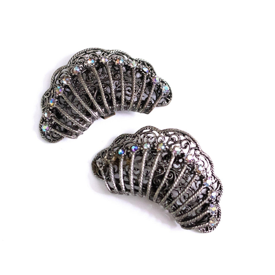 Vintage Fan Shape with Aurora Borealis Silver Shoe Clips by Unsigned Beauty - Vintage Meet Modern Vintage Jewelry - Chicago, Illinois - #oldhollywoodglamour #vintagemeetmodern #designervintage #jewelrybox #antiquejewelry #vintagejewelry