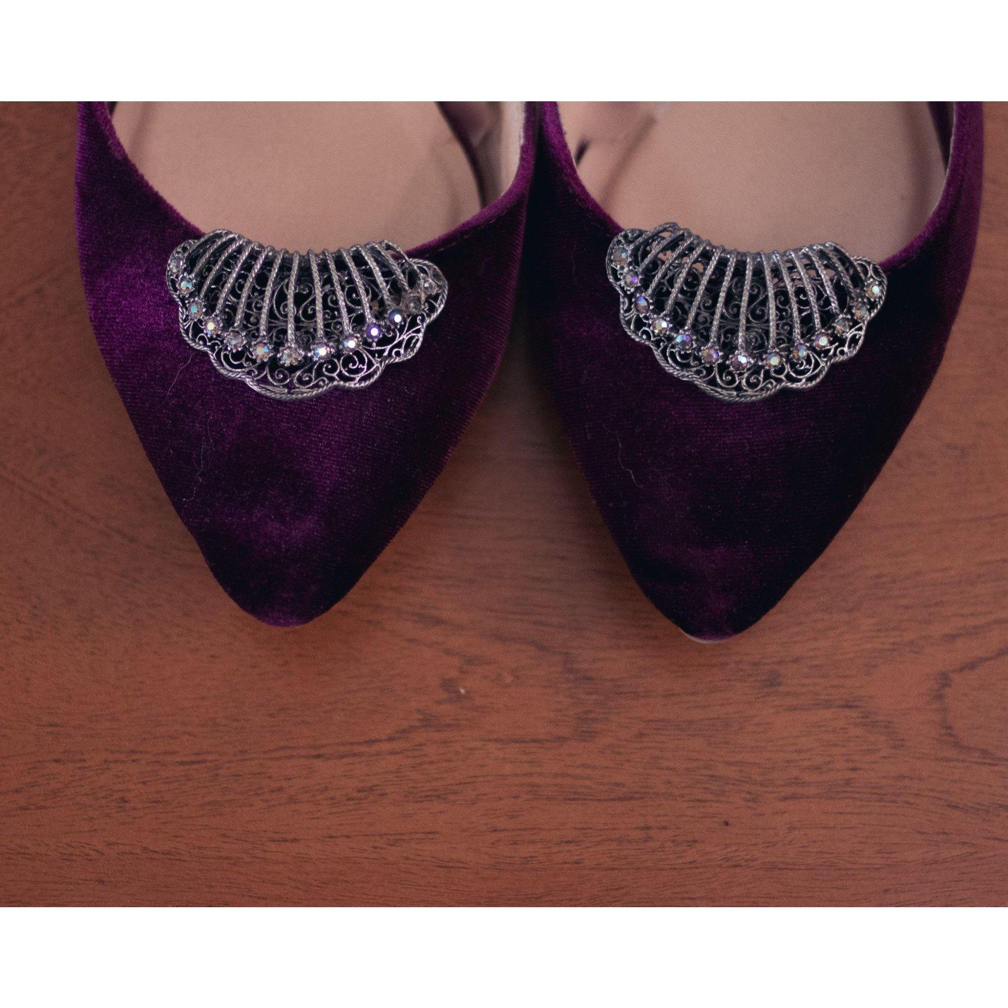 Vintage Fan Shape with Aurora Borealis Silver Shoe Clips by Unsigned Beauty - Vintage Meet Modern Vintage Jewelry - Chicago, Illinois - #oldhollywoodglamour #vintagemeetmodern #designervintage #jewelrybox #antiquejewelry #vintagejewelry