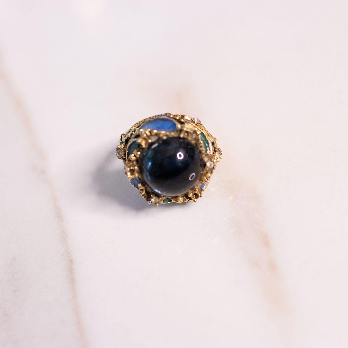 Vintage Blue Glass Cabochon Rhinestone Statement Ring