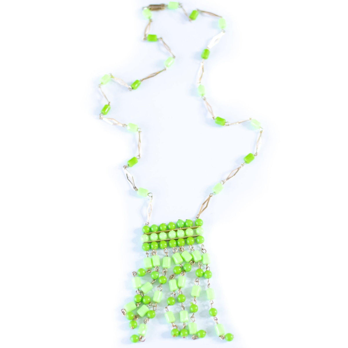 Vintage 1960s Made in Hong Kong Bight Green Tassel Bead Necklace