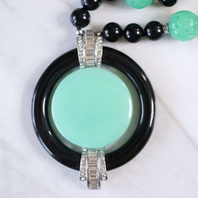 Vintage Kenneth Jay Lane Art Deco Revival Black Bead, Faux Jade, and Diamante Pendant Necklace by Kenneth Jay Lane - Vintage Meet Modern Vintage Jewelry - Chicago, Illinois - #oldhollywoodglamour #vintagemeetmodern #designervintage #jewelrybox #antiquejewelry #vintagejewelry