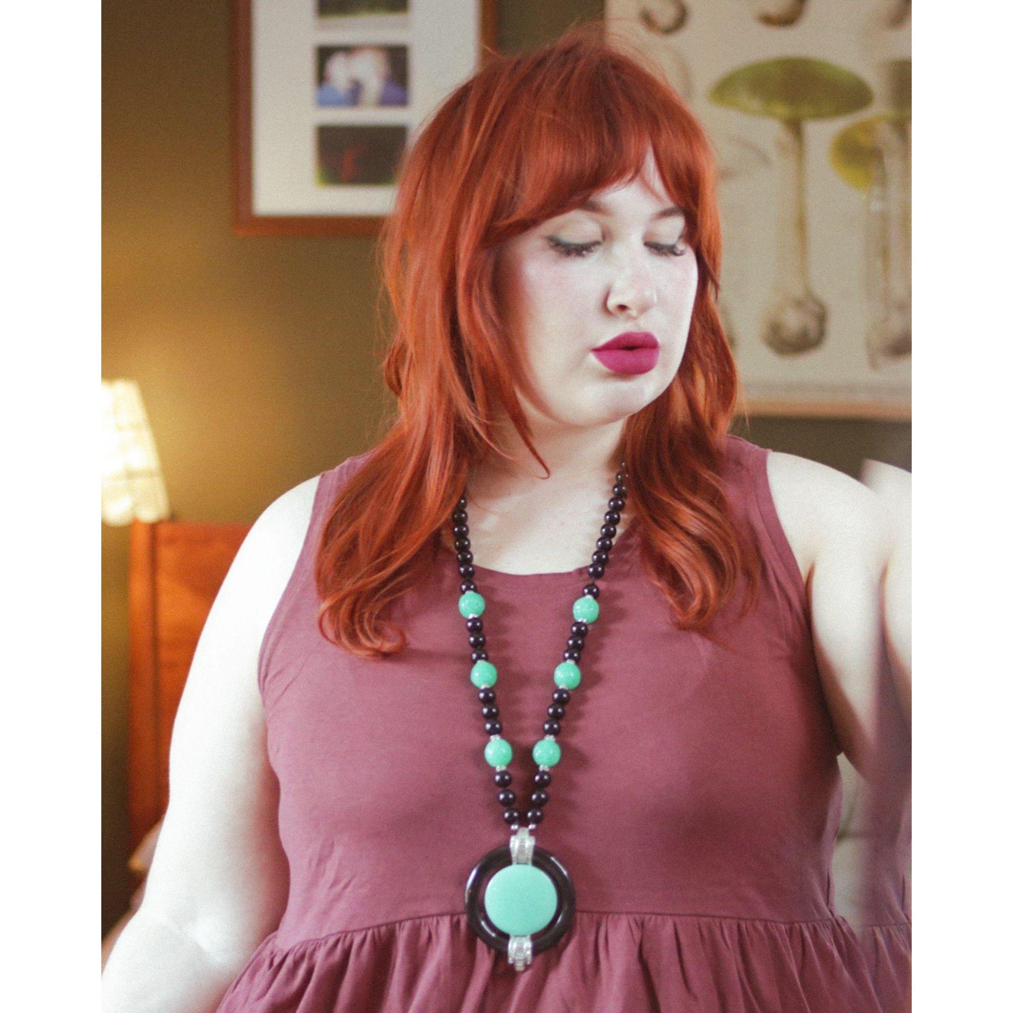 Vintage Kenneth Jay Lane Art Deco Revival Black Bead, Faux Jade, and Diamante Pendant Necklace by Kenneth Jay Lane - Vintage Meet Modern Vintage Jewelry - Chicago, Illinois - #oldhollywoodglamour #vintagemeetmodern #designervintage #jewelrybox #antiquejewelry #vintagejewelry