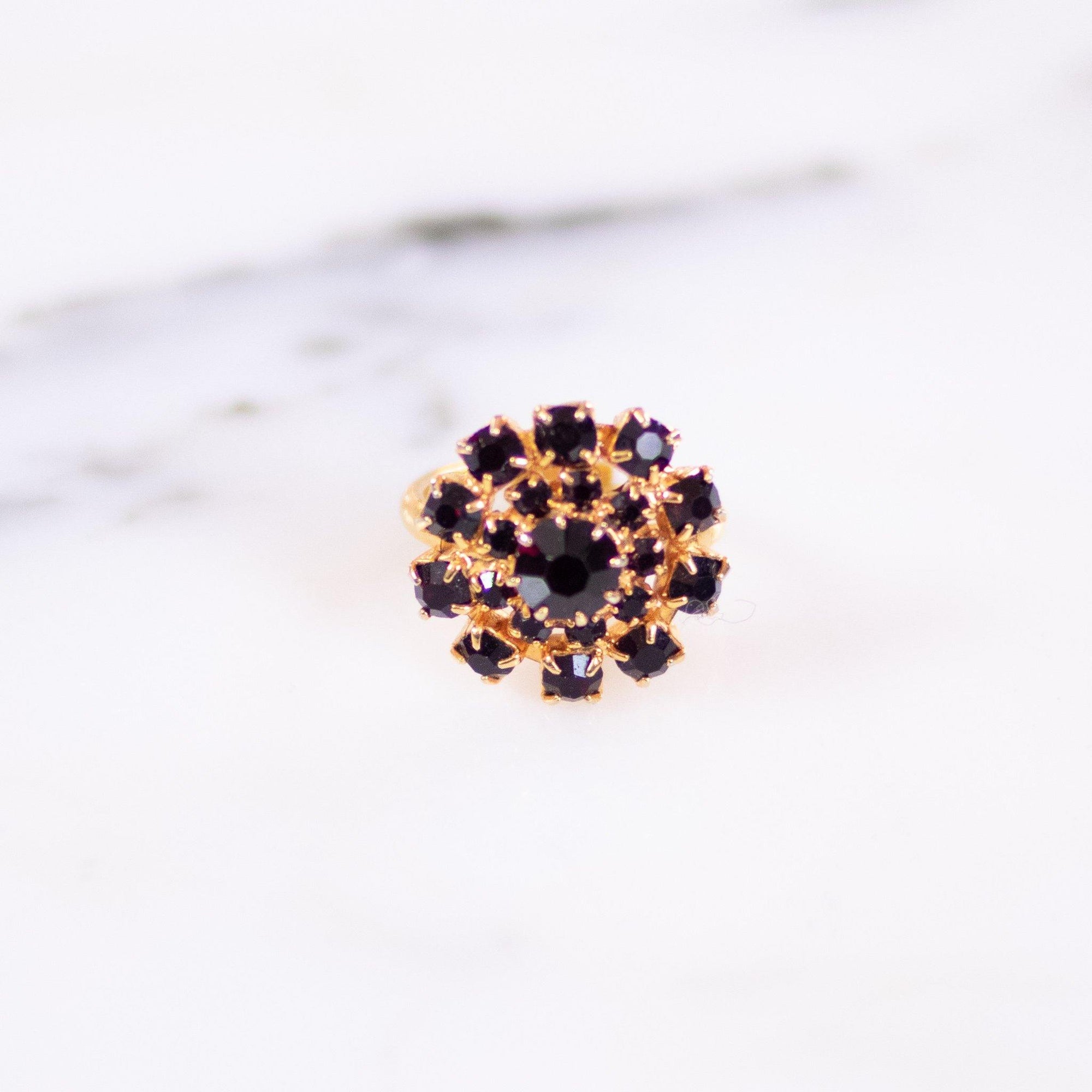 Vintage Jet Rhinestone Statement Ring by Unsigned Beauty - Vintage Meet Modern Vintage Jewelry - Chicago, Illinois - #oldhollywoodglamour #vintagemeetmodern #designervintage #jewelrybox #antiquejewelry #vintagejewelry