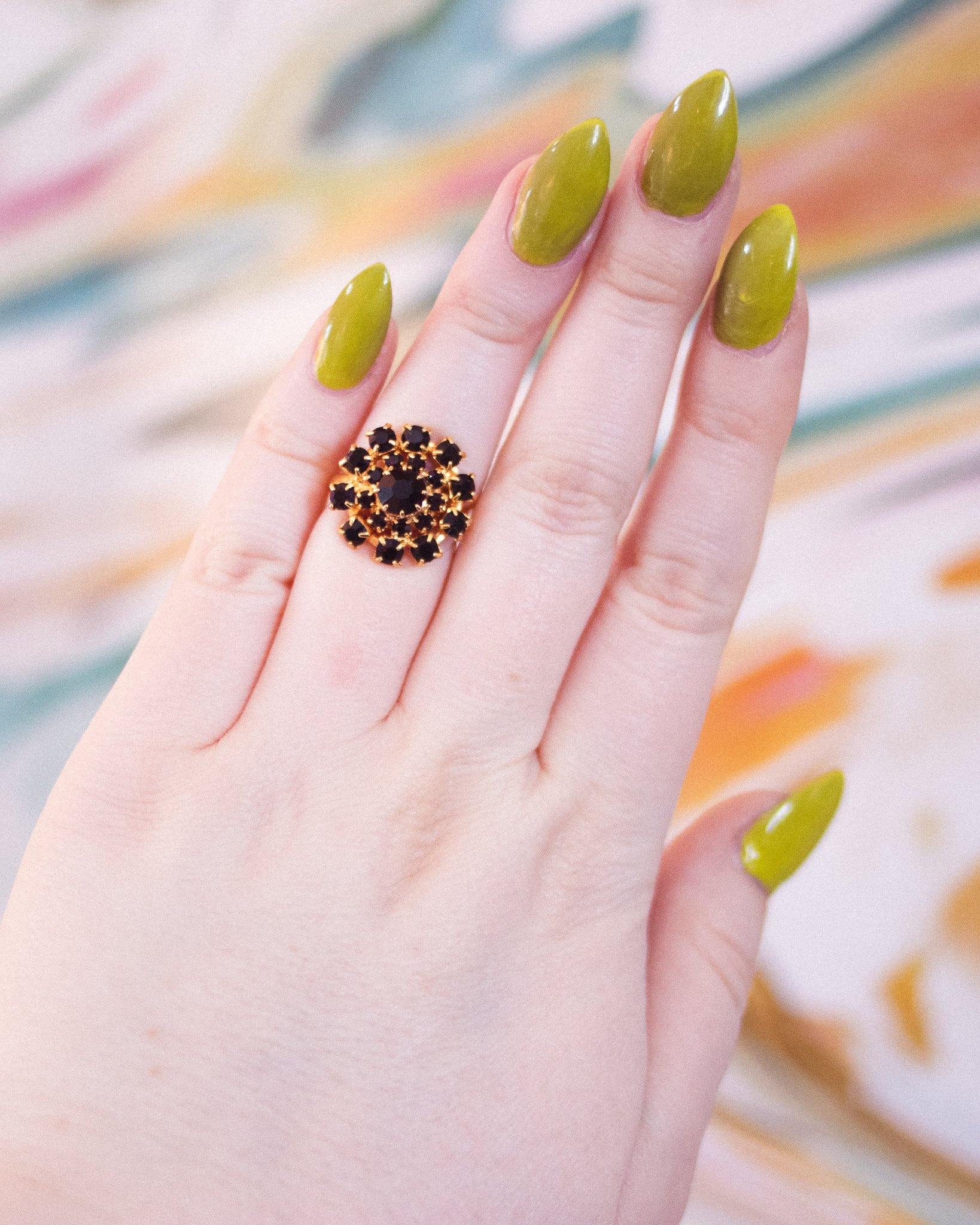 Vintage Jet Rhinestone Statement Ring by Unsigned Beauty - Vintage Meet Modern Vintage Jewelry - Chicago, Illinois - #oldhollywoodglamour #vintagemeetmodern #designervintage #jewelrybox #antiquejewelry #vintagejewelry