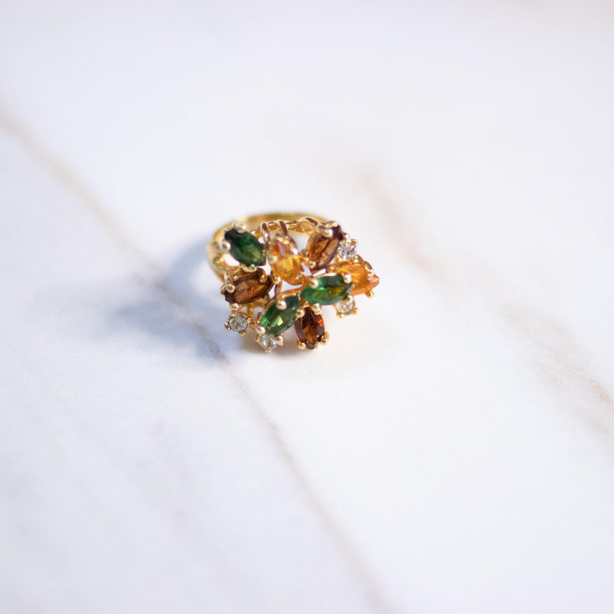 Vintage Green, Yellow, and Brown Cluster Ring by Unsigned Beauty - Vintage Meet Modern Vintage Jewelry - Chicago, Illinois - #oldhollywoodglamour #vintagemeetmodern #designervintage #jewelrybox #antiquejewelry #vintagejewelry