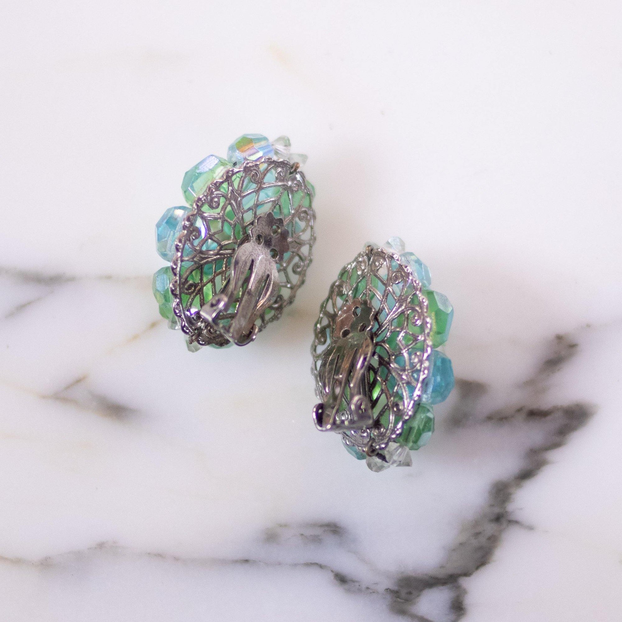 Vintage Green Aurora Borealis Bead Earrings with Faux Pearls by Unsigned Beauties - Vintage Meet Modern Vintage Jewelry - Chicago, Illinois - #oldhollywoodglamour #vintagemeetmodern #designervintage #jewelrybox #antiquejewelry #vintagejewelry