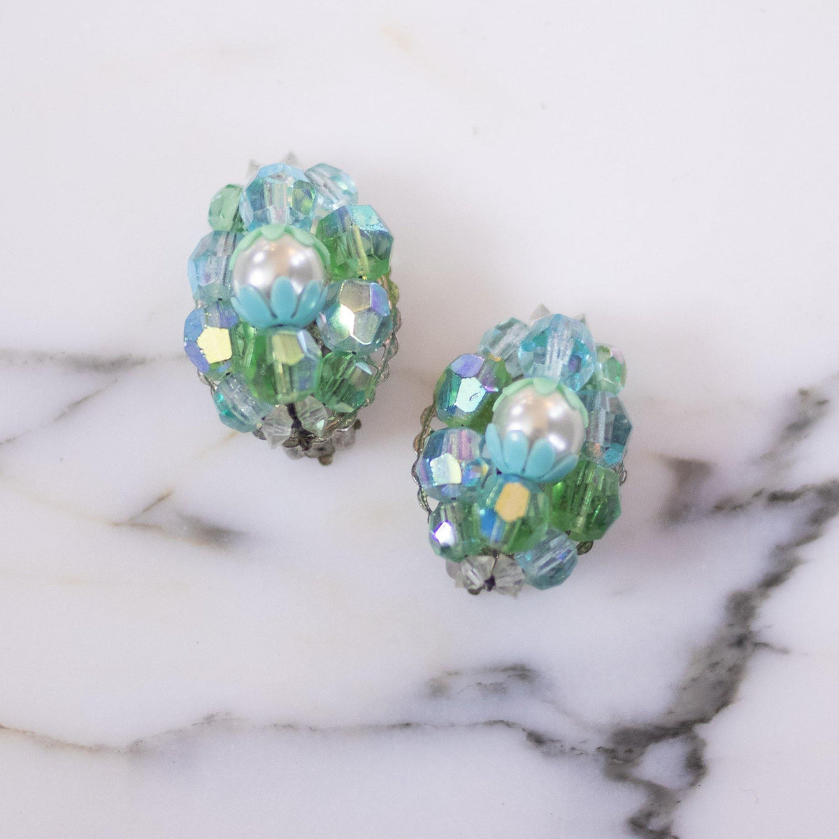 Vintage Green Aurora Borealis Bead Earrings with Faux Pearls