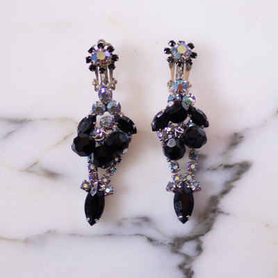 Vintage Jet and Blue Aurora Borealis Statement Earrings by Unsigned Beauty - Vintage Meet Modern Vintage Jewelry - Chicago, Illinois - #oldhollywoodglamour #vintagemeetmodern #designervintage #jewelrybox #antiquejewelry #vintagejewelry