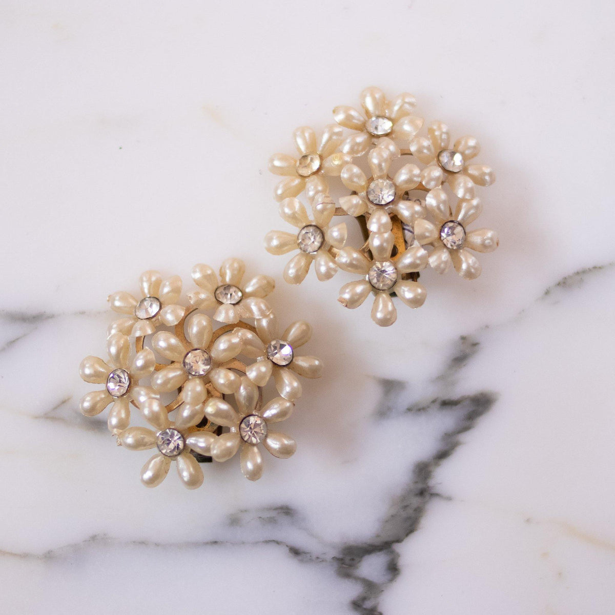 Vintage Pearl Thermoset and Diamante Daisy Statement Earrings
