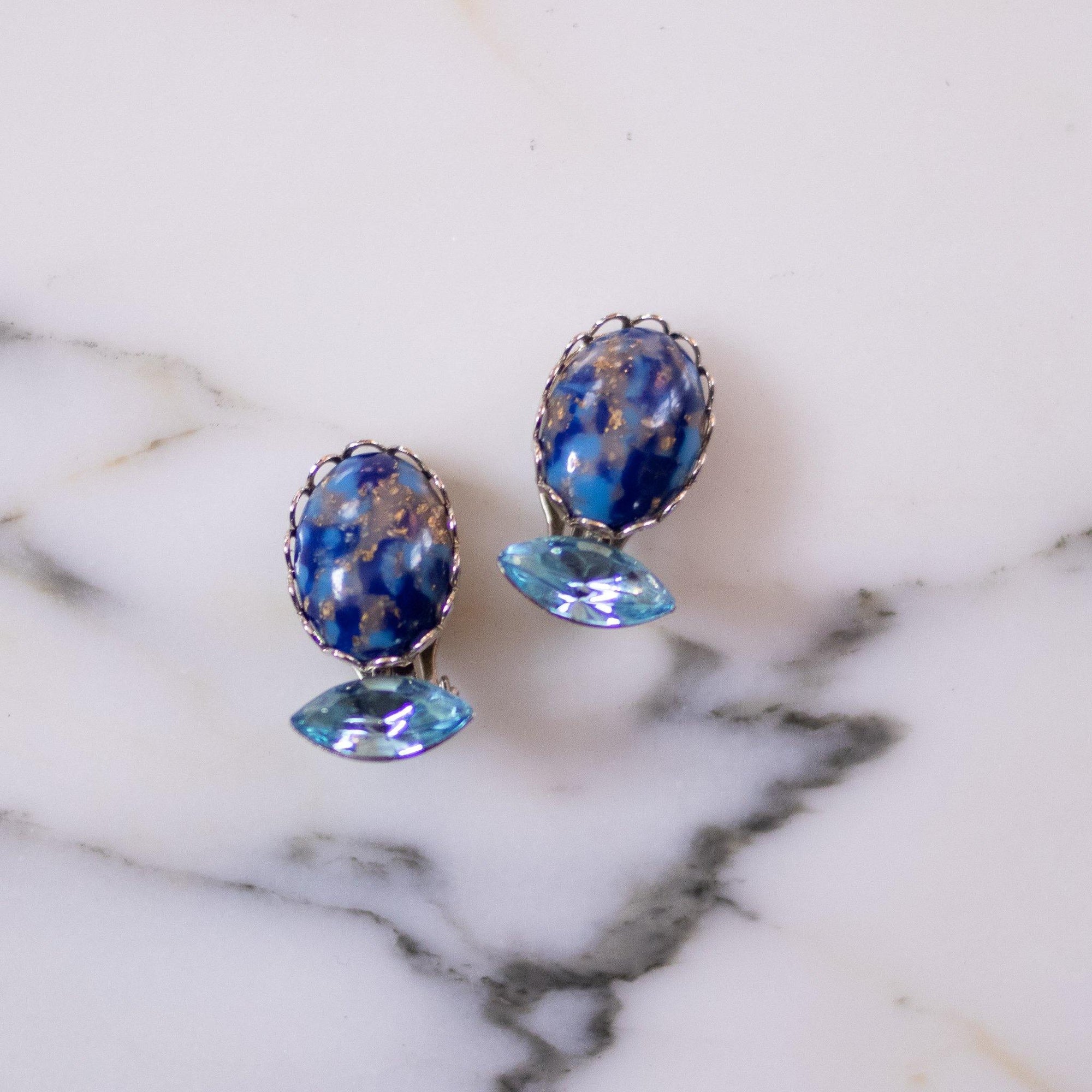 Vintage Speckled Blue and Light Blue Rhinestone Earrings by Unsigned Beauties - Vintage Meet Modern Vintage Jewelry - Chicago, Illinois - #oldhollywoodglamour #vintagemeetmodern #designervintage #jewelrybox #antiquejewelry #vintagejewelry