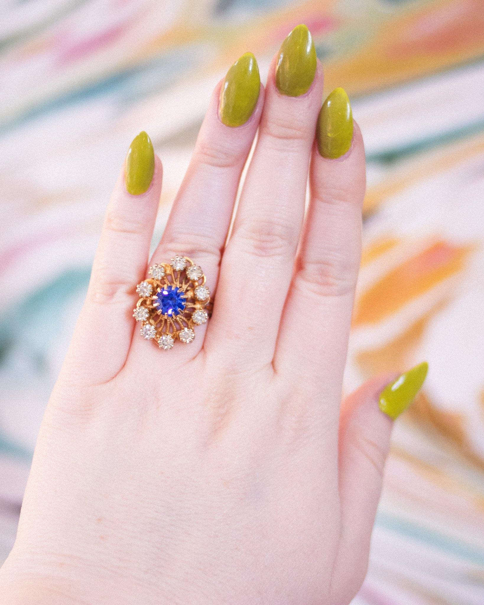 Vintage Blue Rhinestone and Diamante Crystal Statement Ring by Unsigned Beauty - Vintage Meet Modern Vintage Jewelry - Chicago, Illinois - #oldhollywoodglamour #vintagemeetmodern #designervintage #jewelrybox #antiquejewelry #vintagejewelry