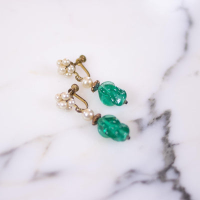 Vintage 1940s Jade Glass and Faux Pearl Earrings by Unsigned Beauties - Vintage Meet Modern Vintage Jewelry - Chicago, Illinois - #oldhollywoodglamour #vintagemeetmodern #designervintage #jewelrybox #antiquejewelry #vintagejewelry