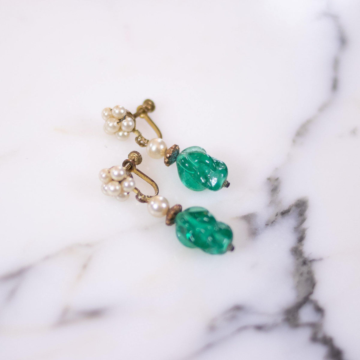 Vintage 1940s Jade Glass and Faux Pearl Earrings