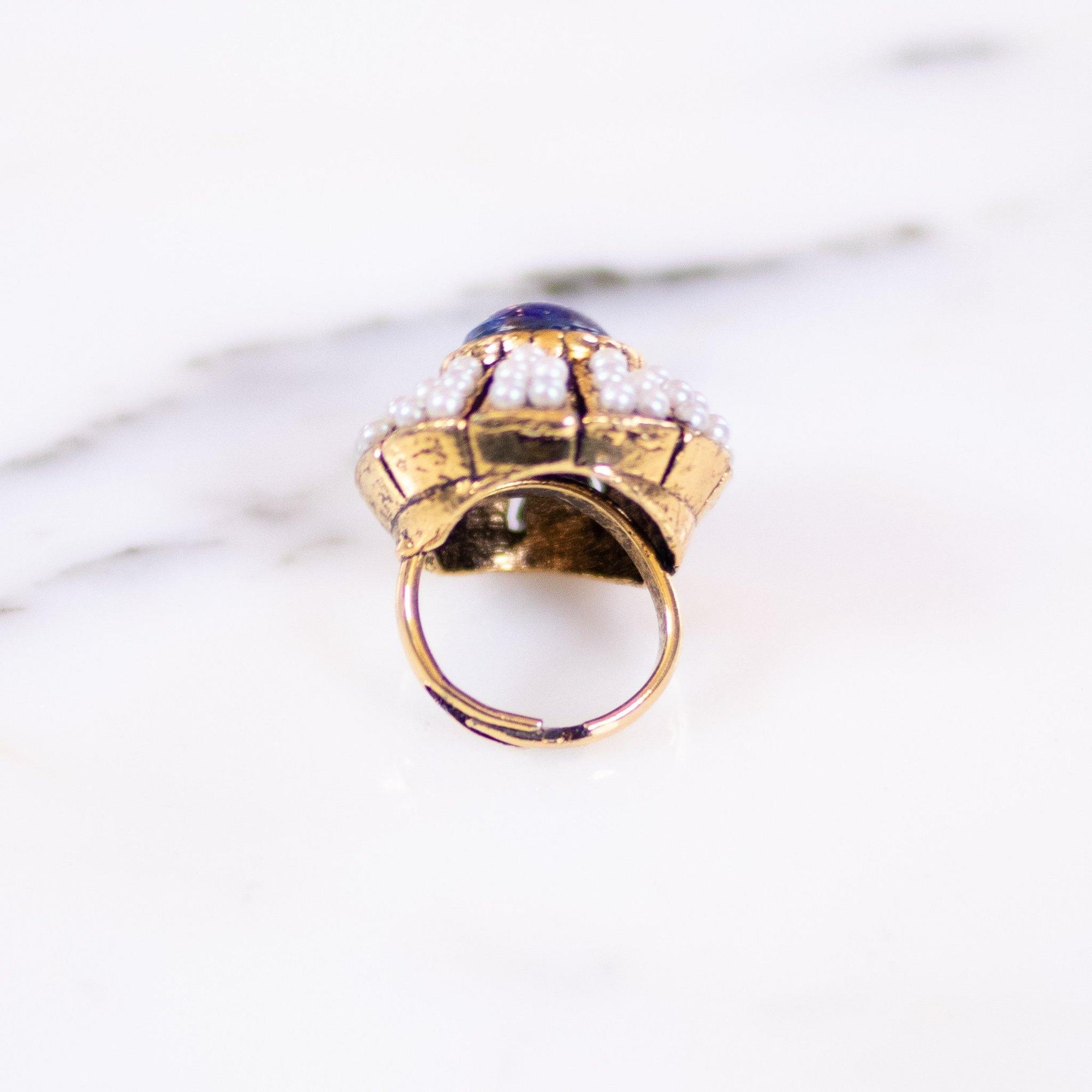 Vintage 1960s Lapis Glass and Seed Pearl Statement Ring by Unsigned Beauty - Vintage Meet Modern Vintage Jewelry - Chicago, Illinois - #oldhollywoodglamour #vintagemeetmodern #designervintage #jewelrybox #antiquejewelry #vintagejewelry