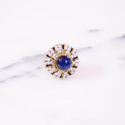 Vintage 1960s Lapis Glass and Seed Pearl Statement Ring by Unsigned Beauty - Vintage Meet Modern Vintage Jewelry - Chicago, Illinois - #oldhollywoodglamour #vintagemeetmodern #designervintage #jewelrybox #antiquejewelry #vintagejewelry