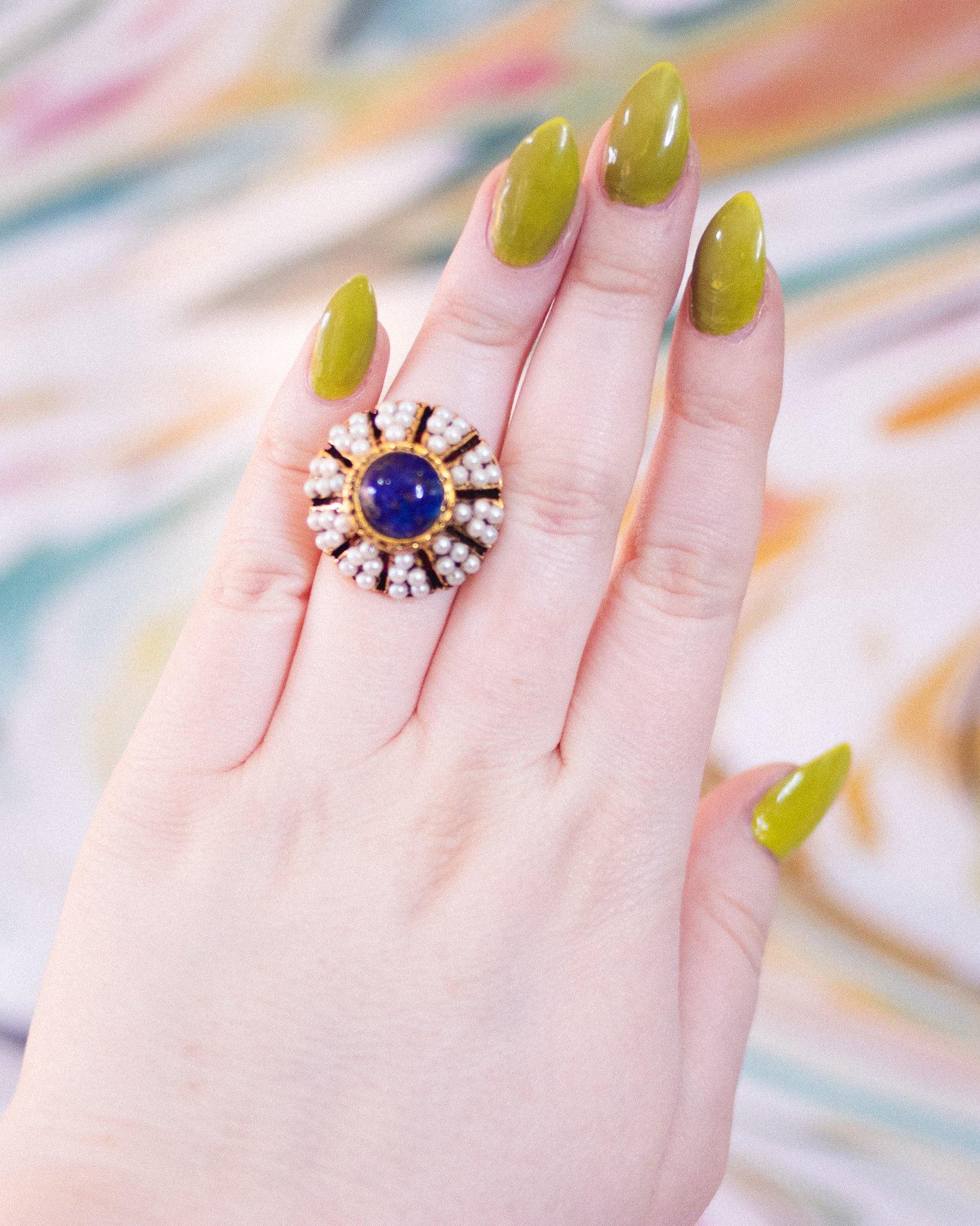Vintage 1960s Lapis Glass and Seed Pearl Statement Ring by Unsigned Beauty - Vintage Meet Modern Vintage Jewelry - Chicago, Illinois - #oldhollywoodglamour #vintagemeetmodern #designervintage #jewelrybox #antiquejewelry #vintagejewelry