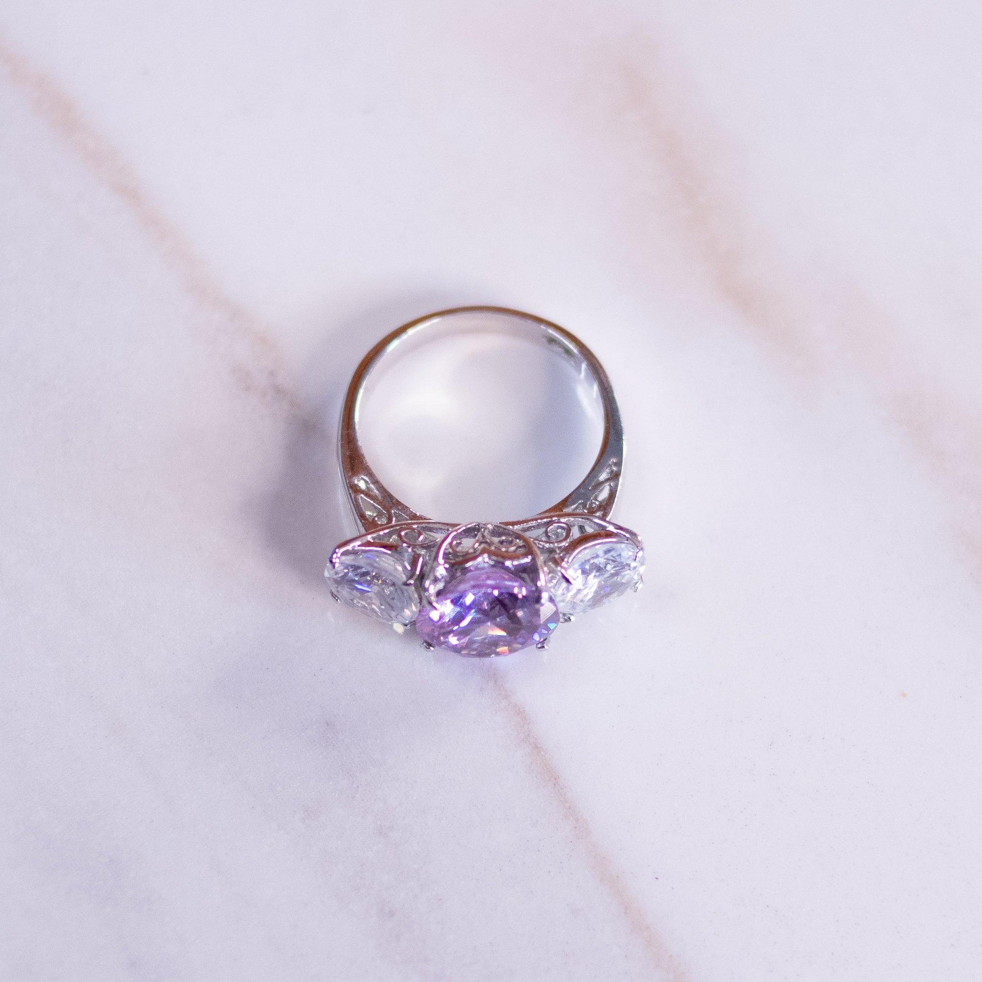 Vintage Amethyst Crystal and Diamante Three Stone Ring by Unsigned Beauty - Vintage Meet Modern Vintage Jewelry - Chicago, Illinois - #oldhollywoodglamour #vintagemeetmodern #designervintage #jewelrybox #antiquejewelry #vintagejewelry