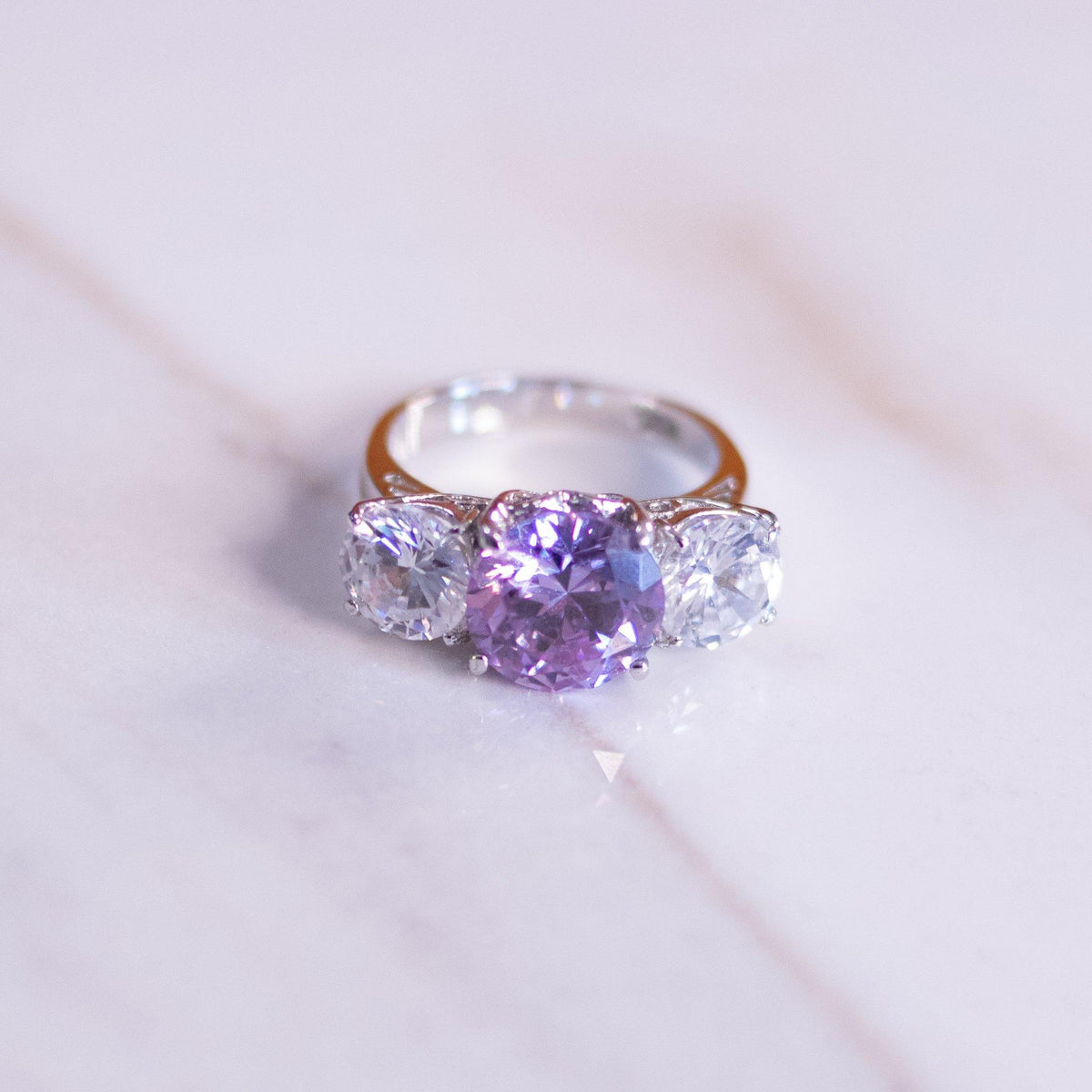 Vintage Amethyst Crystal and Diamante Three Stone Ring