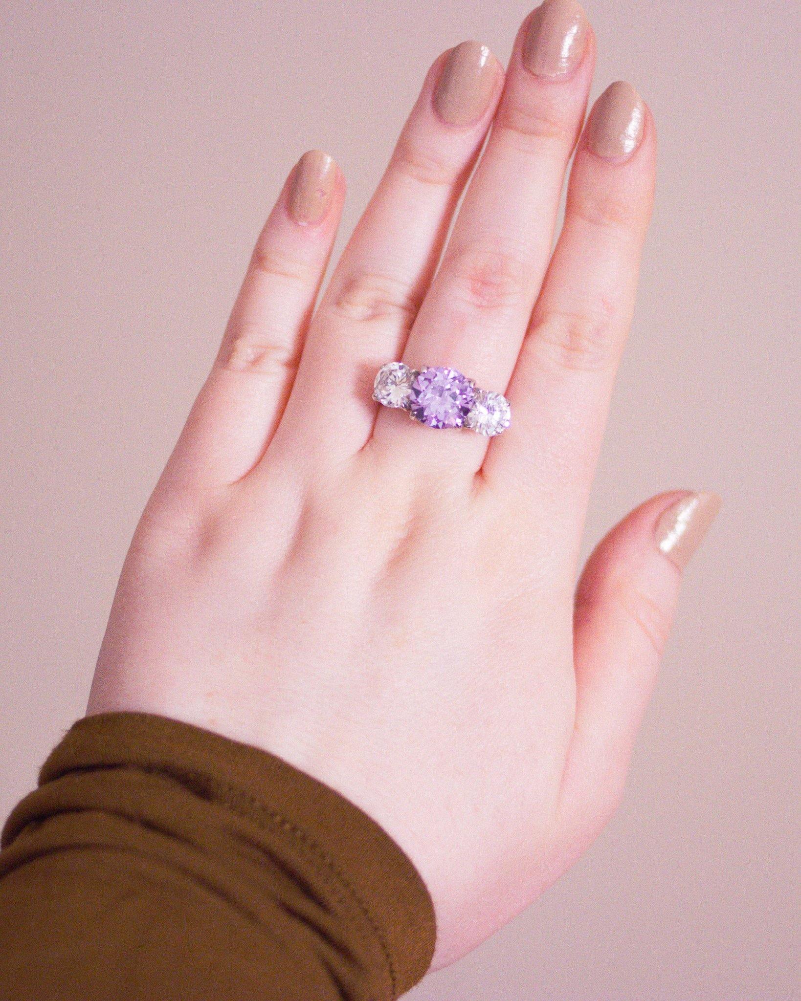 Vintage Amethyst Crystal and Diamante Three Stone Ring by Unsigned Beauty - Vintage Meet Modern Vintage Jewelry - Chicago, Illinois - #oldhollywoodglamour #vintagemeetmodern #designervintage #jewelrybox #antiquejewelry #vintagejewelry