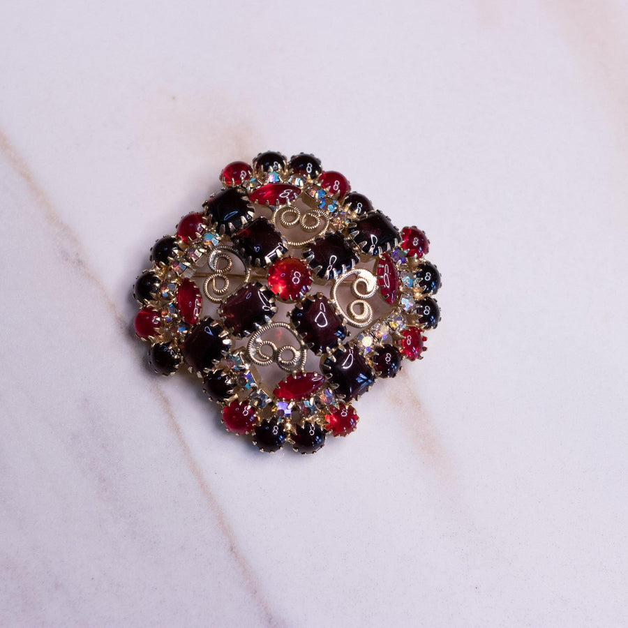 Vintage Amethyst and Ruby Red Crystal and Aurora Borealis Rhinestone Brooch by Austria - Vintage Meet Modern Vintage Jewelry - Chicago, Illinois - #oldhollywoodglamour #vintagemeetmodern #designervintage #jewelrybox #antiquejewelry #vintagejewelry