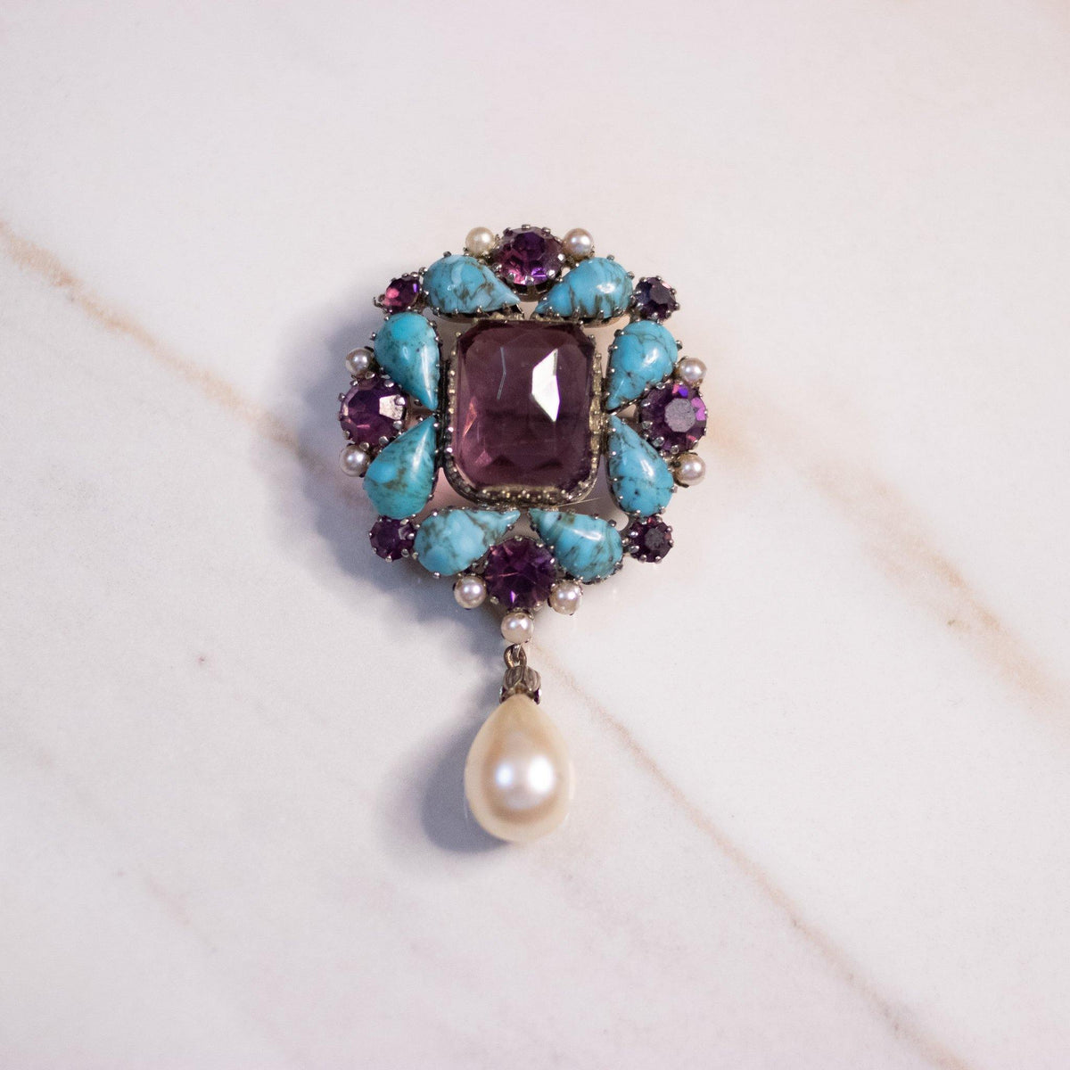 Vintage Amethyst, Turquoise and Faux Pearl Brooch