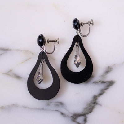 Vintage Art Deco Black Celluloid Doorknocker Earrings with Marcasite Accents by Art Deco Era - Vintage Meet Modern Vintage Jewelry - Chicago, Illinois - #oldhollywoodglamour #vintagemeetmodern #designervintage #jewelrybox #antiquejewelry #vintagejewelry