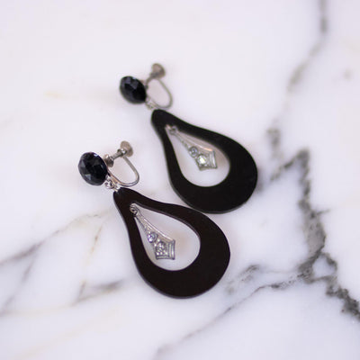 Vintage Art Deco Black Celluloid Doorknocker Earrings with Marcasite Accents by Art Deco Era - Vintage Meet Modern Vintage Jewelry - Chicago, Illinois - #oldhollywoodglamour #vintagemeetmodern #designervintage #jewelrybox #antiquejewelry #vintagejewelry