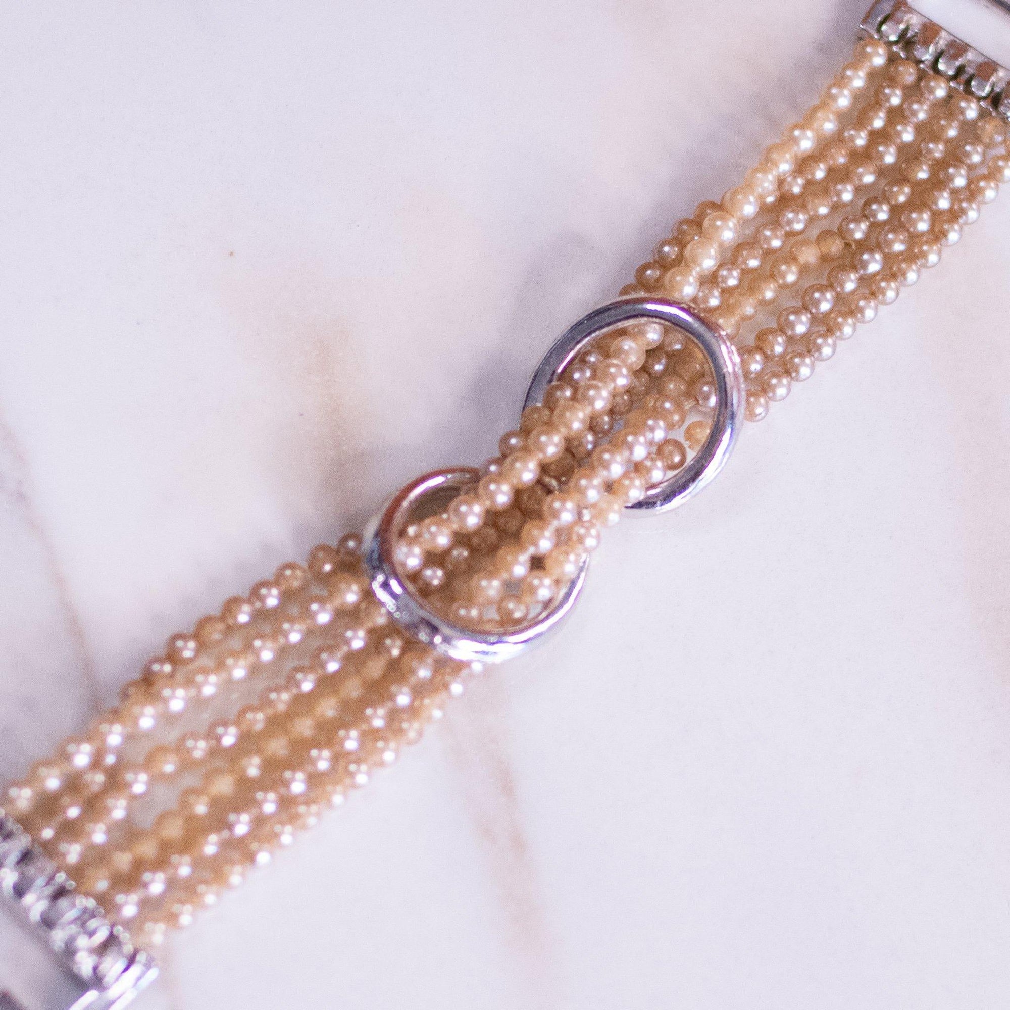 Vintage Art Deco Era Champagne Pearl Multi-strand bracelet with Diamante Accents by Unsigned Beauty - Vintage Meet Modern Vintage Jewelry - Chicago, Illinois - #oldhollywoodglamour #vintagemeetmodern #designervintage #jewelrybox #antiquejewelry #vintagejewelry