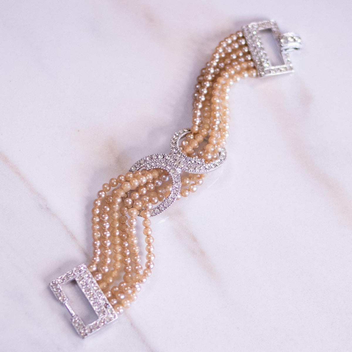 Vintage Art Deco Era Champagne Pearl Multi-strand bracelet with Diamante Accents