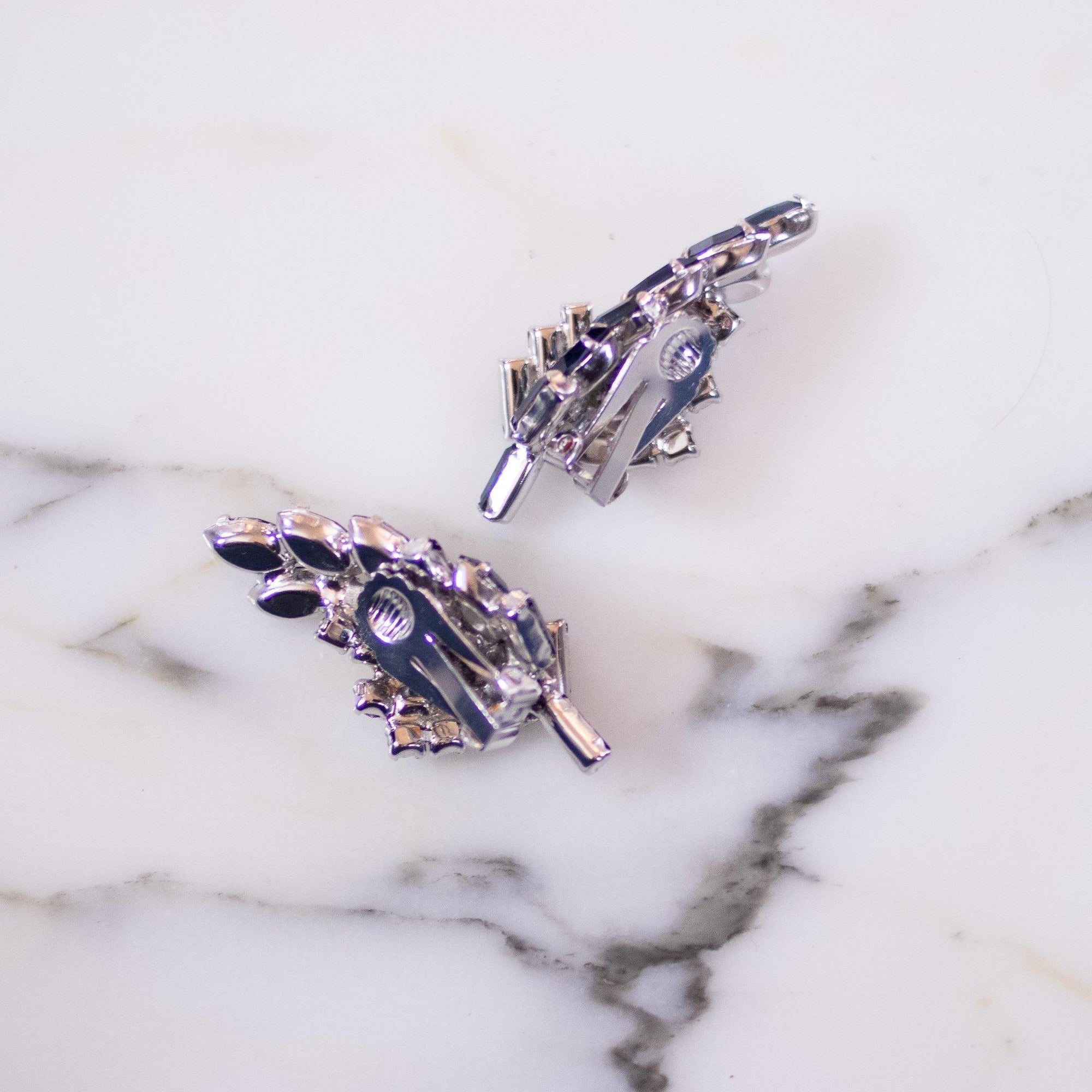 Vintage Blue and Diamante Rhinestone Ear Crawler Statement Earrings by Unsigned Beauty - Vintage Meet Modern Vintage Jewelry - Chicago, Illinois - #oldhollywoodglamour #vintagemeetmodern #designervintage #jewelrybox #antiquejewelry #vintagejewelry