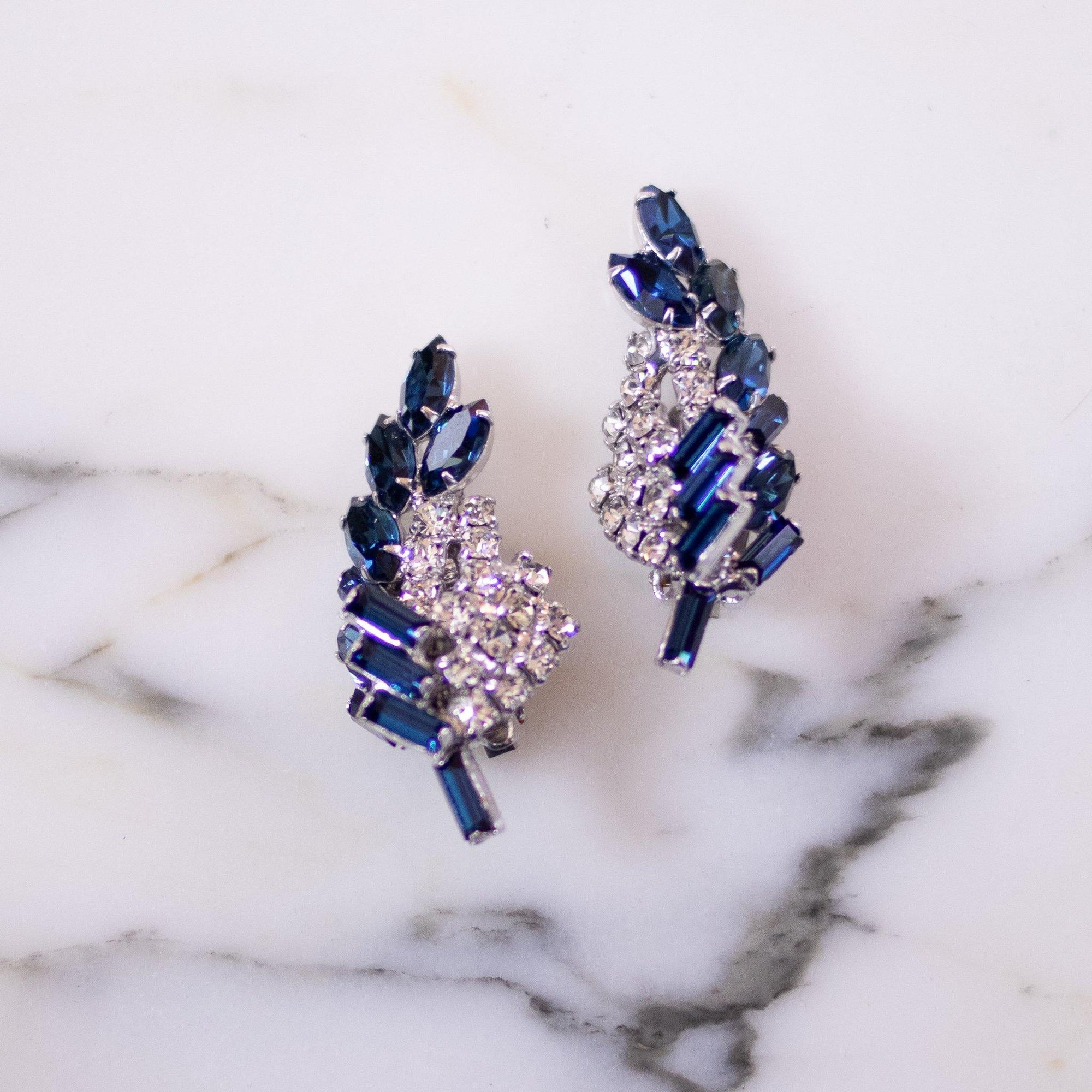 Vintage Blue and Diamante Rhinestone Ear Crawler Statement Earrings by Unsigned Beauty - Vintage Meet Modern Vintage Jewelry - Chicago, Illinois - #oldhollywoodglamour #vintagemeetmodern #designervintage #jewelrybox #antiquejewelry #vintagejewelry
