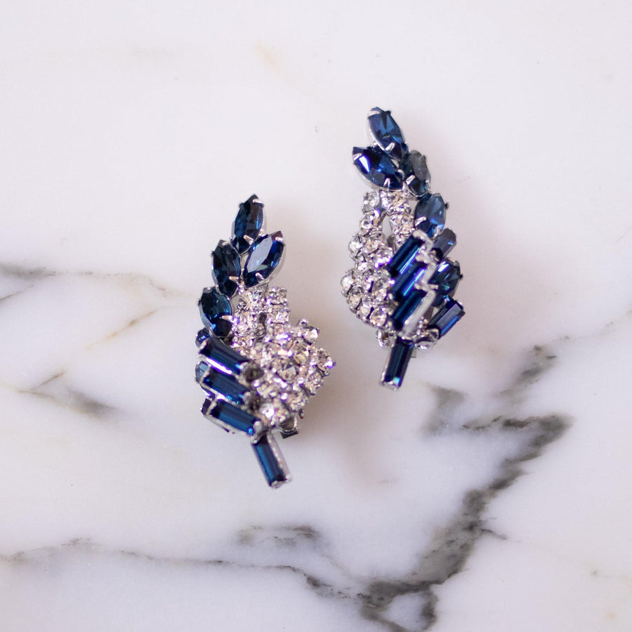 Vintage Blue and Diamante Rhinestone Ear Crawler Statement Earrings by Unsigned Beauty - Vintage Meet Modern Vintage Jewelry - Chicago, Illinois - #oldhollywoodglamour #vintagemeetmodern #designervintage #jewelrybox #antiquejewelry #vintagejewelry