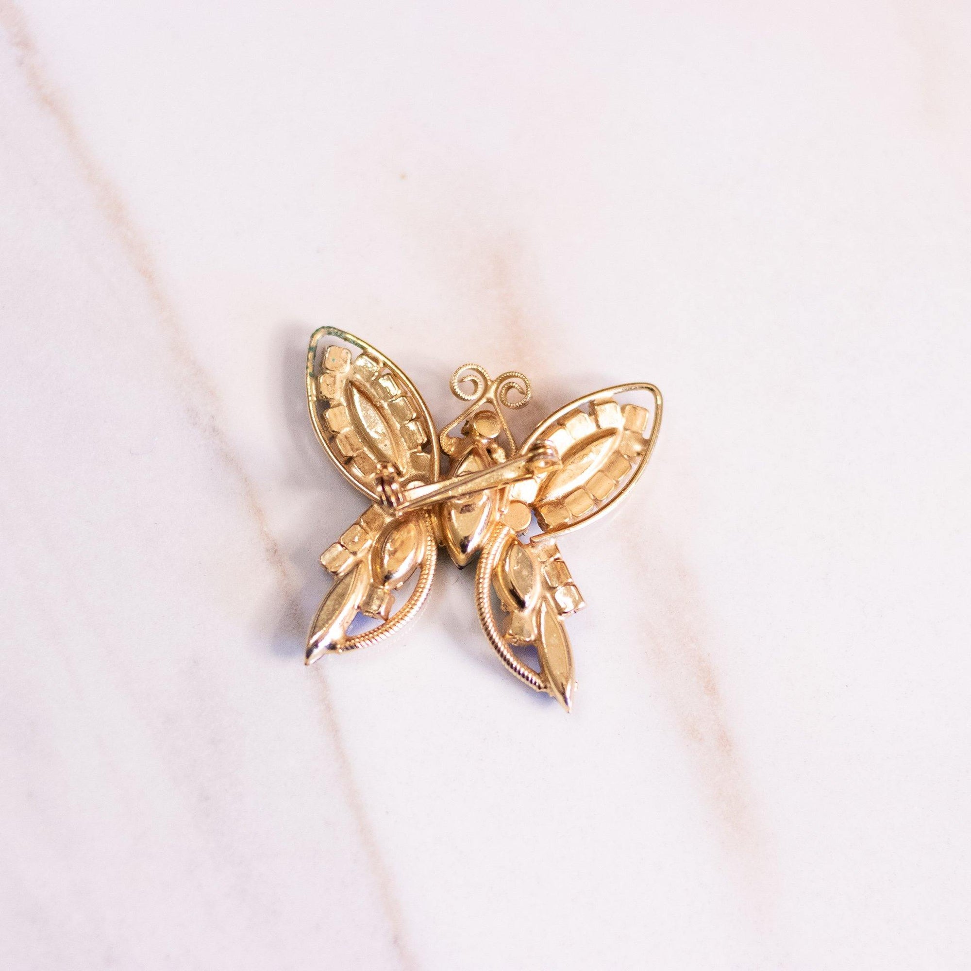 Vintage Blue and Green Rhinestone Butterfly Brooch by Unsigned Beauty - Vintage Meet Modern Vintage Jewelry - Chicago, Illinois - #oldhollywoodglamour #vintagemeetmodern #designervintage #jewelrybox #antiquejewelry #vintagejewelry
